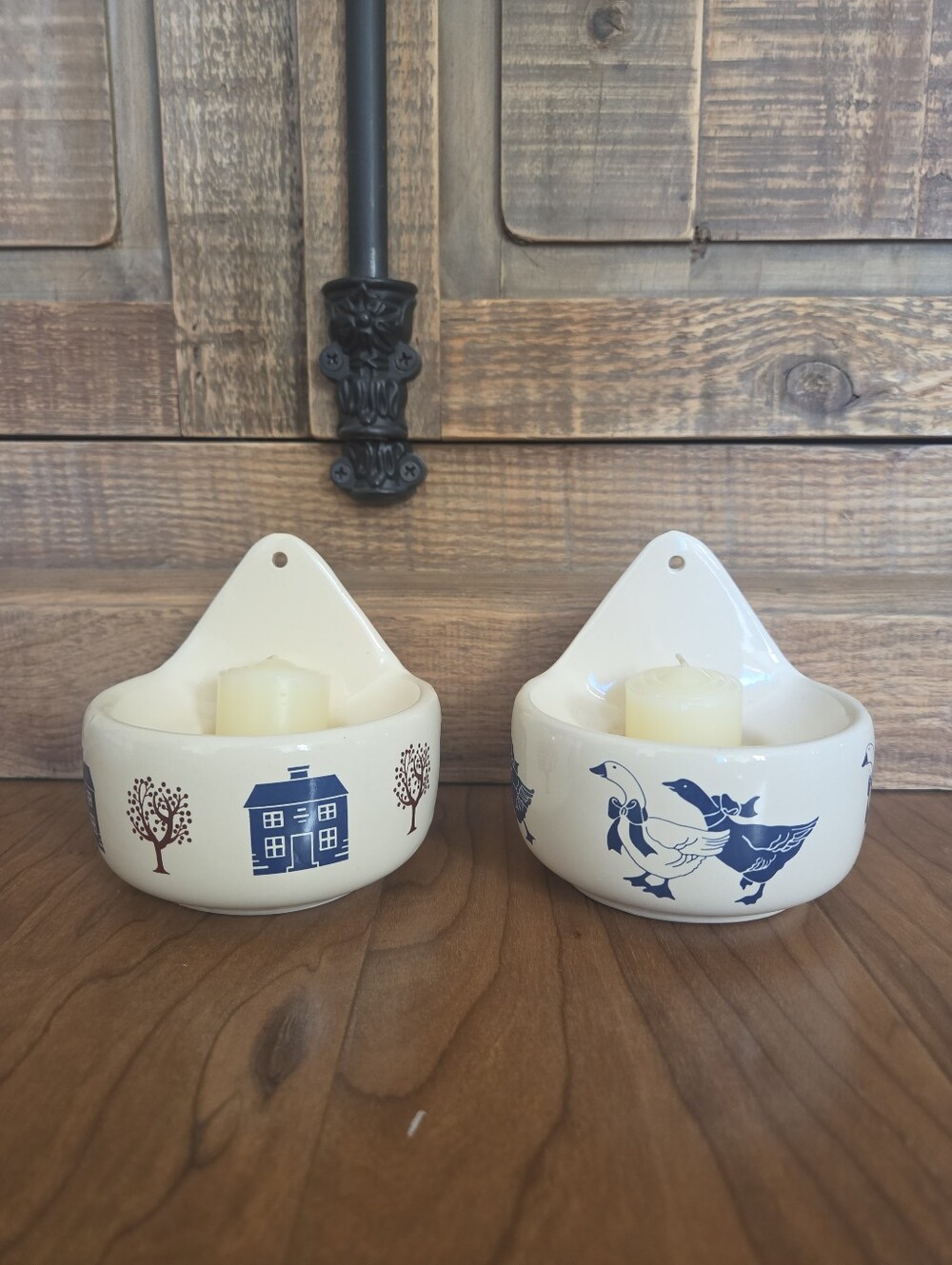 Vintage Ceramic Wall Candle Holders in Cream with Blue Accents